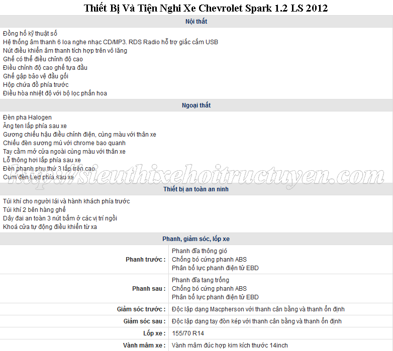 Bán xe Chevrolet - Spark LS 1. 2 - 2012 – Số Sàn – Giá Khuyến mại – Hàng Ch