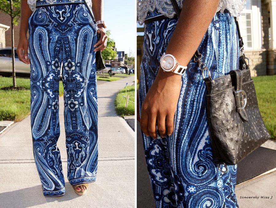 blue wide leg pants and china town watch 