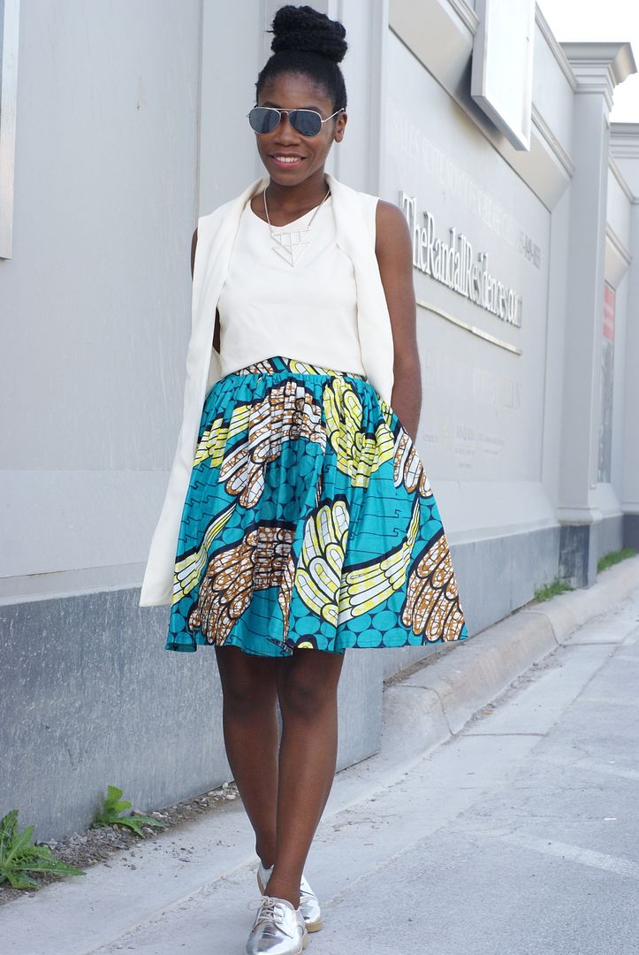 Style Me Ankara Kaleena Midi Skirt, African Print, White Vest, Toronto Style Blogger