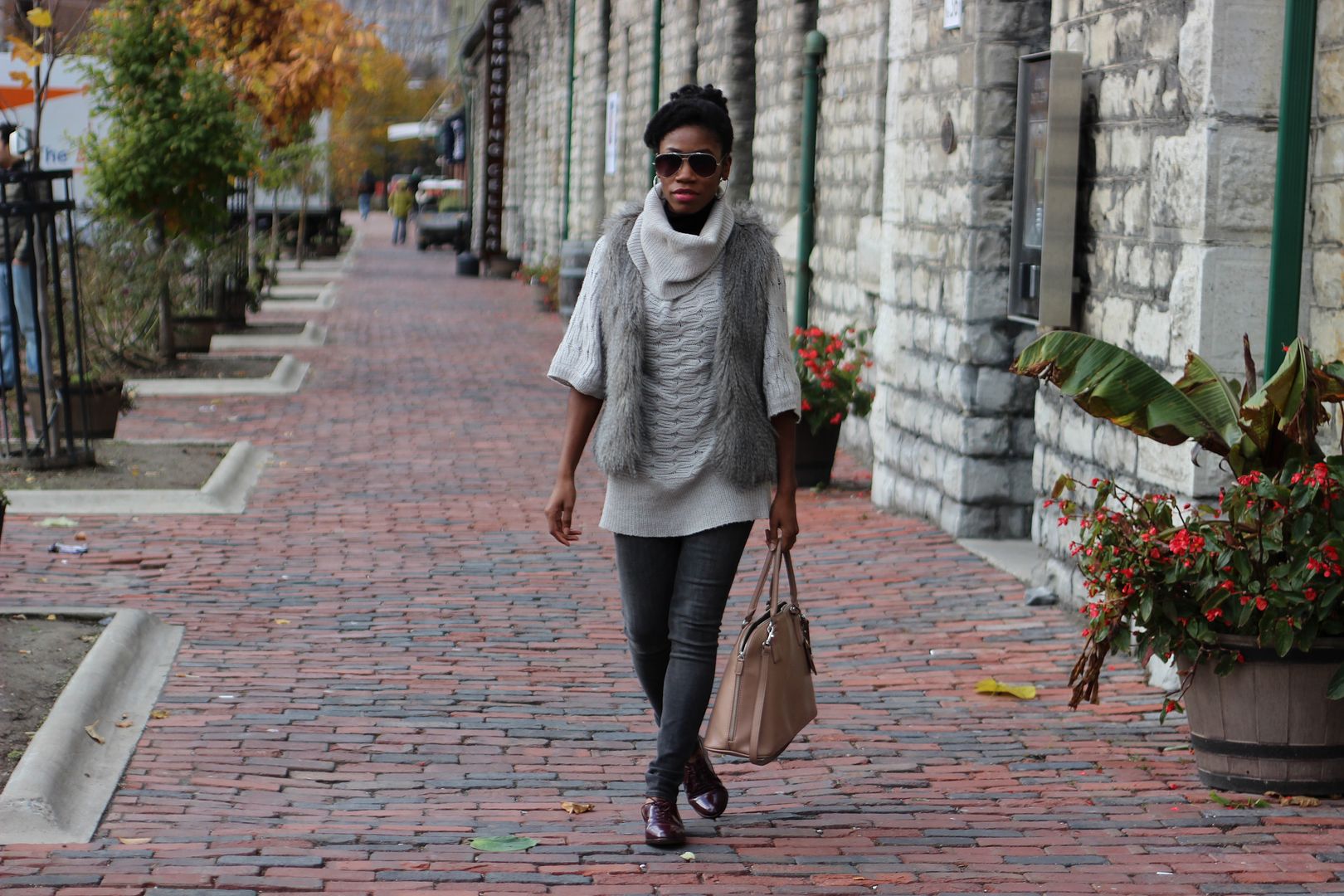 Shades of grey outfit, Toronto blogger, faux fur vest, monochromatic