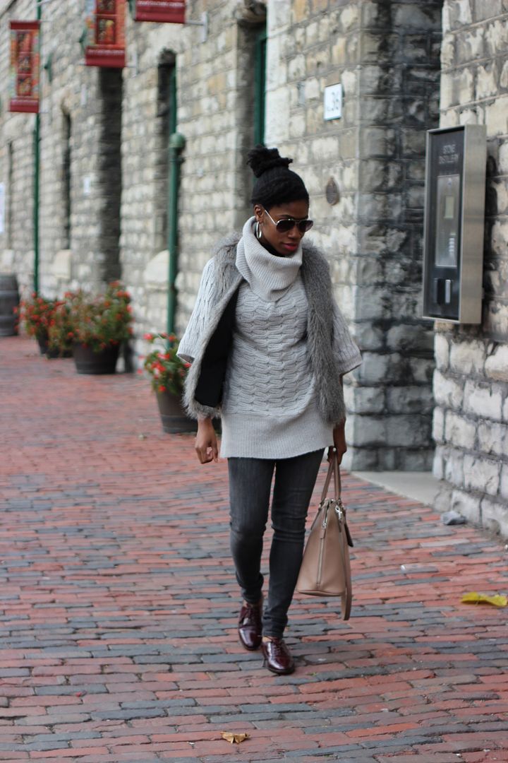 Shades of grey outfit, Toronto blogger, faux fur vest, monochromatic