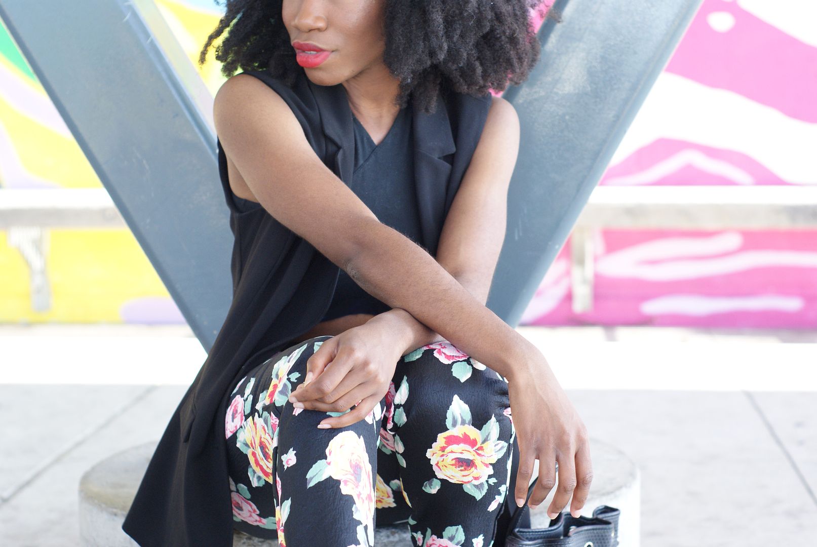 floral trousers ASOS, black vest, Toronto blogger