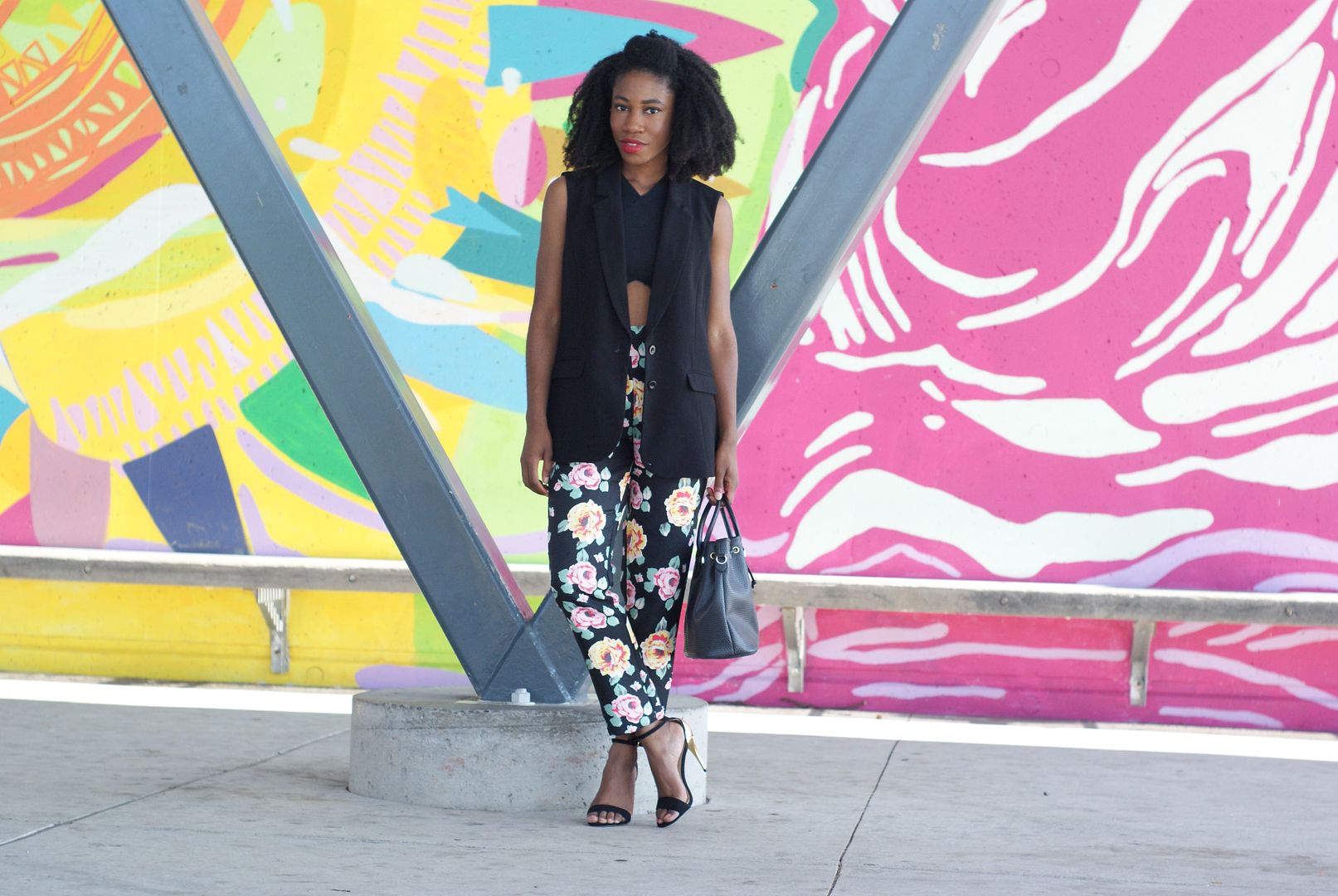 floral trousers ASOS, black vest, Toronto blogger
