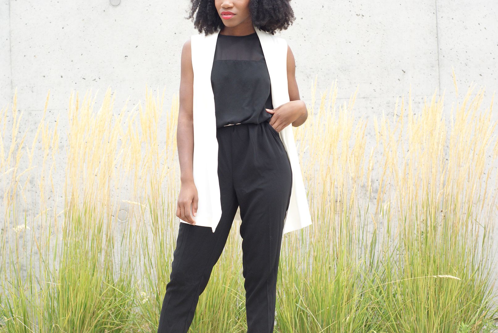 Black jumpsuit and White Vest,Minimalist, monochrome, Toronto blogger