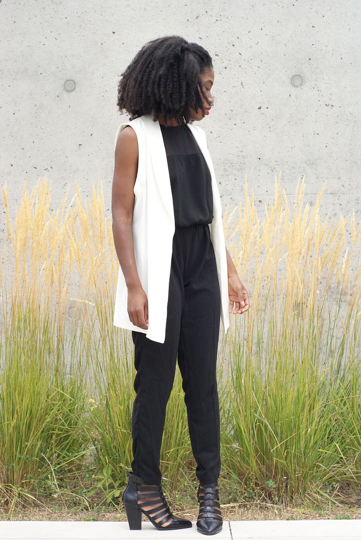 Black jumpsuit and White Vest,Minimalist, monochrome, Toronto blogger