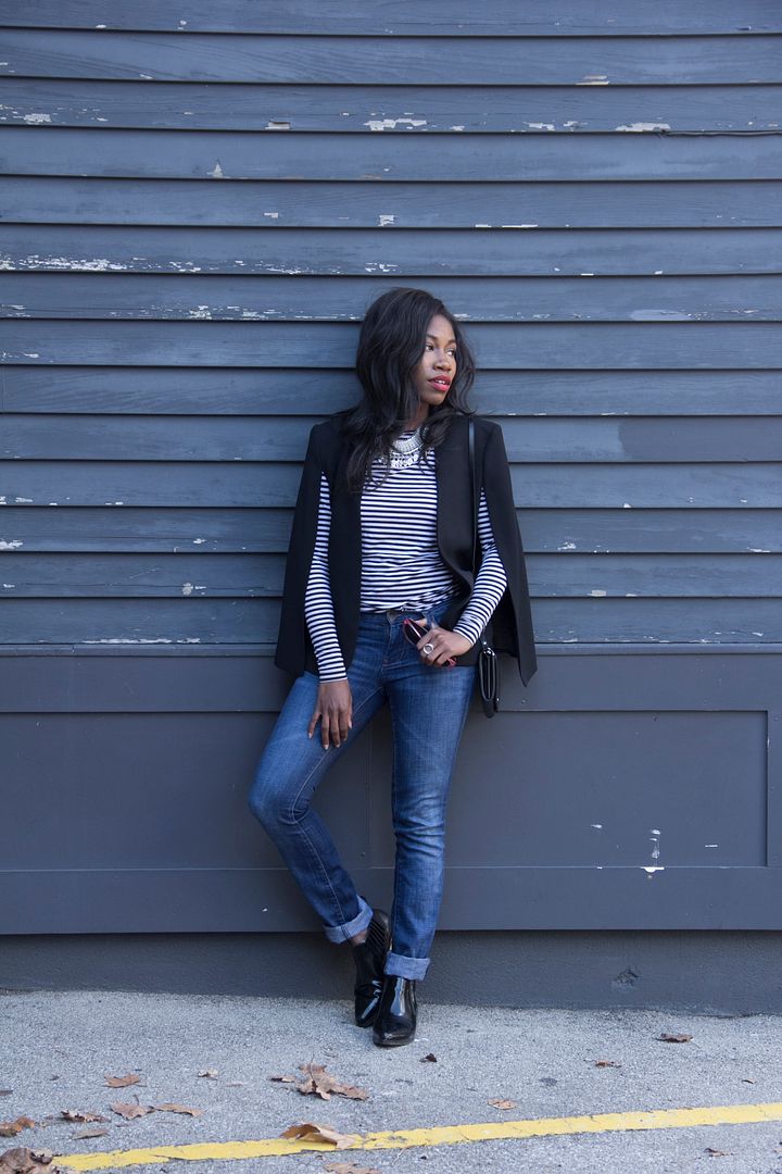 Black Cape and Striped Blouse, Toronto Blogger