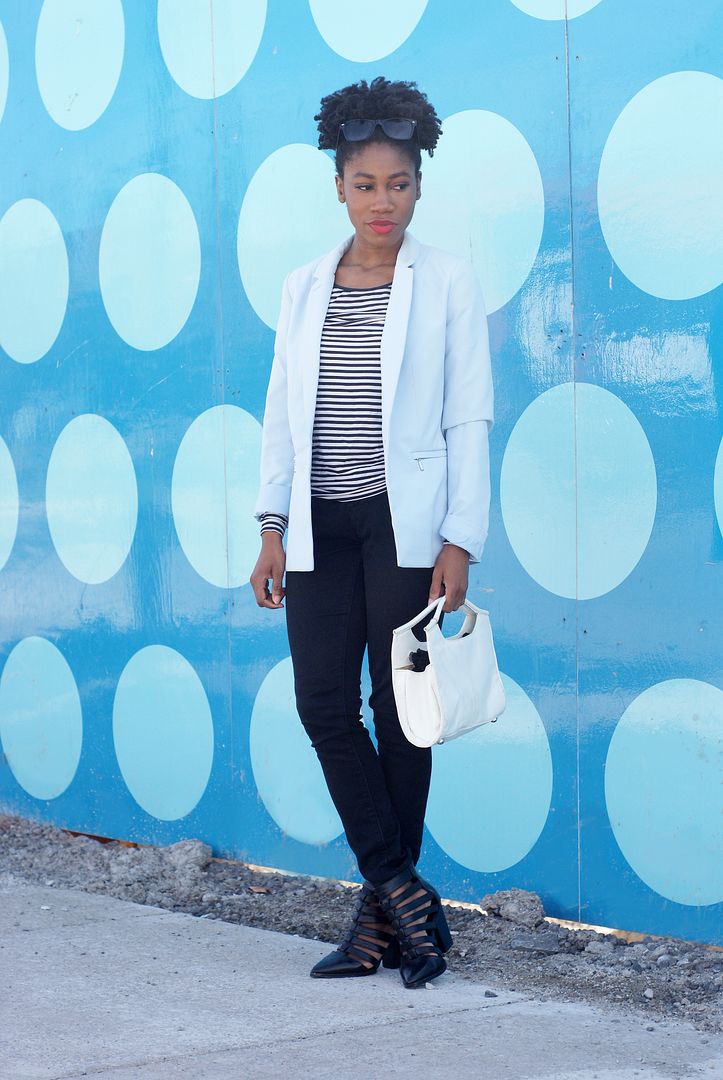 Pastel blue blazer, Stripe shirt, Black denim, Toronto style blogger