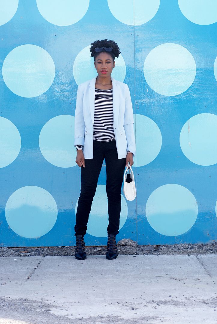 Pastel blue blazer, Stripe shirt, Black denim, Toronto style blogger