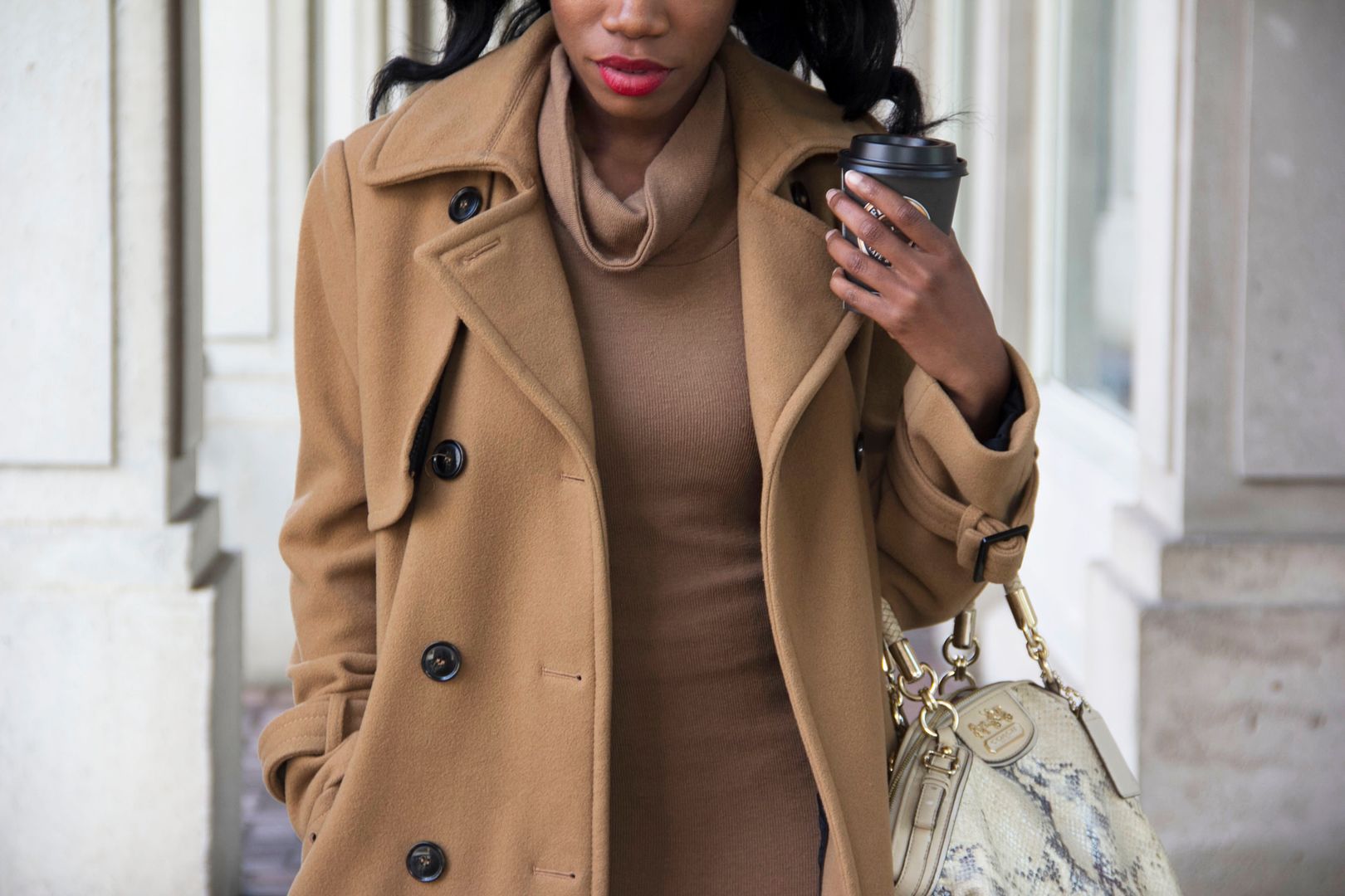 Camel Coat and Dress, Toronto blogger, Coach bag, Black style blogger