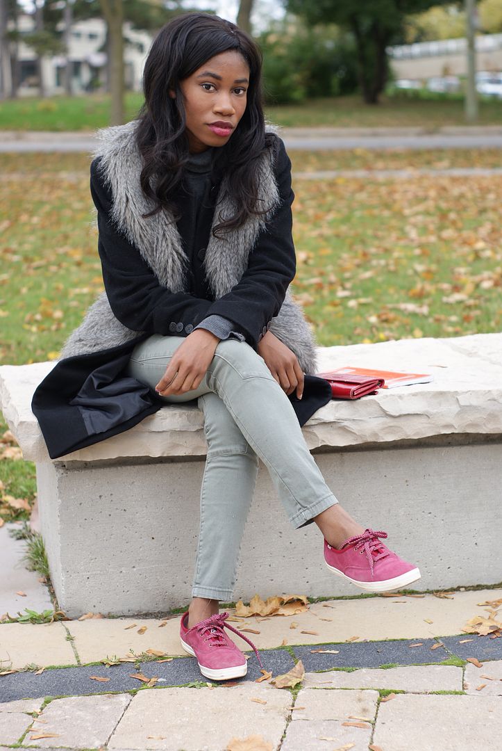 Grey Faux Fur Vest, Red Keds, Toronto Blogger, Black style blogger, Winter outfit