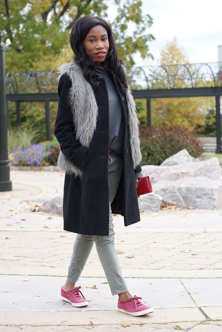 Grey Faux Fur Vest, Red Keds, Toronto Blogger, Black style blogger, Winter outfit