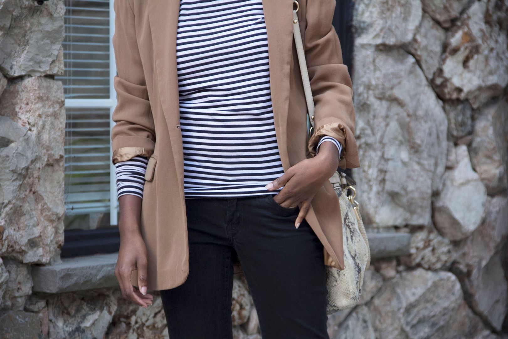 Camel Blazer, Black and white striped shirt, Ripped black jeans, Toronto style blogger, Black fashion blogger