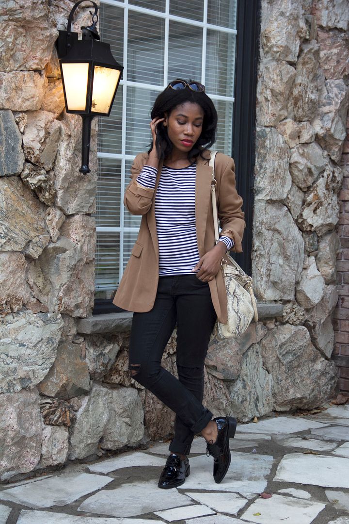 Camel Blazer, Black and white striped shirt,Ripped black jeans, Toronto style blogger, Black fashion blogger