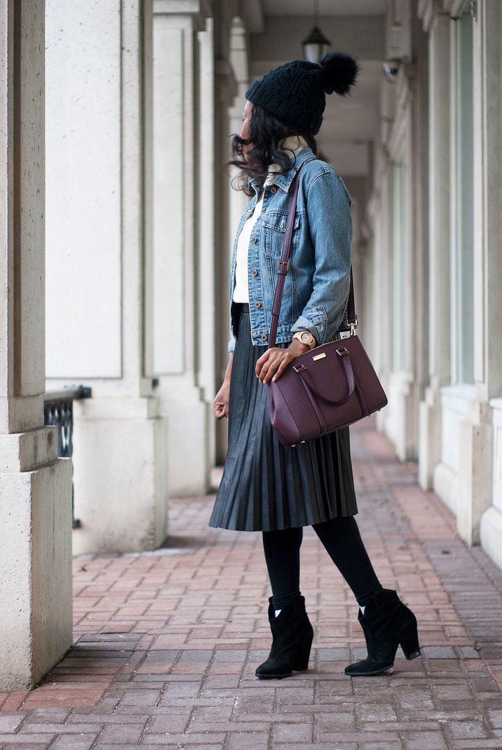 pleated skirt with denim jacket