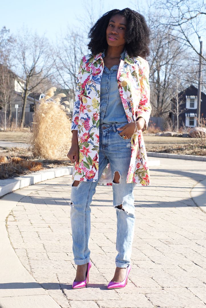 The Canadian Tuxedo, denim on denim, floral jacket, zara jeans, pink heels,toronto style blogger