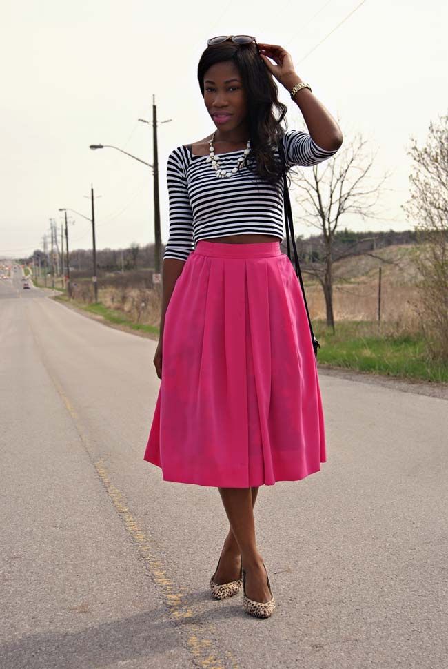 Pink full skirt, stripes, leopard print 