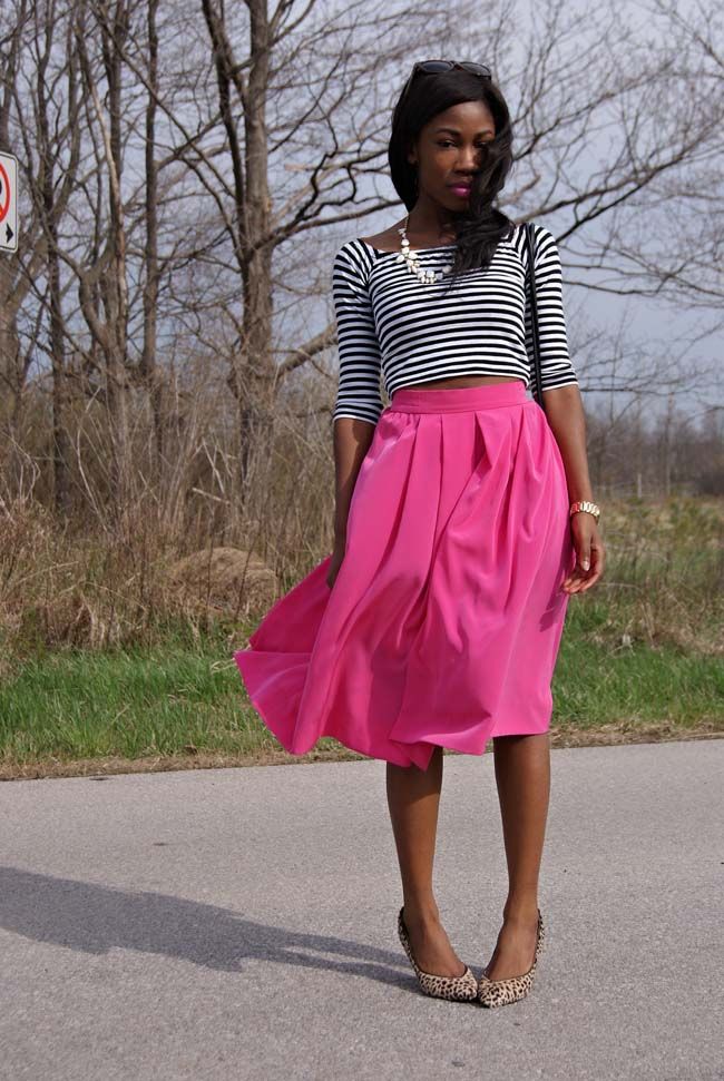 Pink full skirt, stripes, leopard print