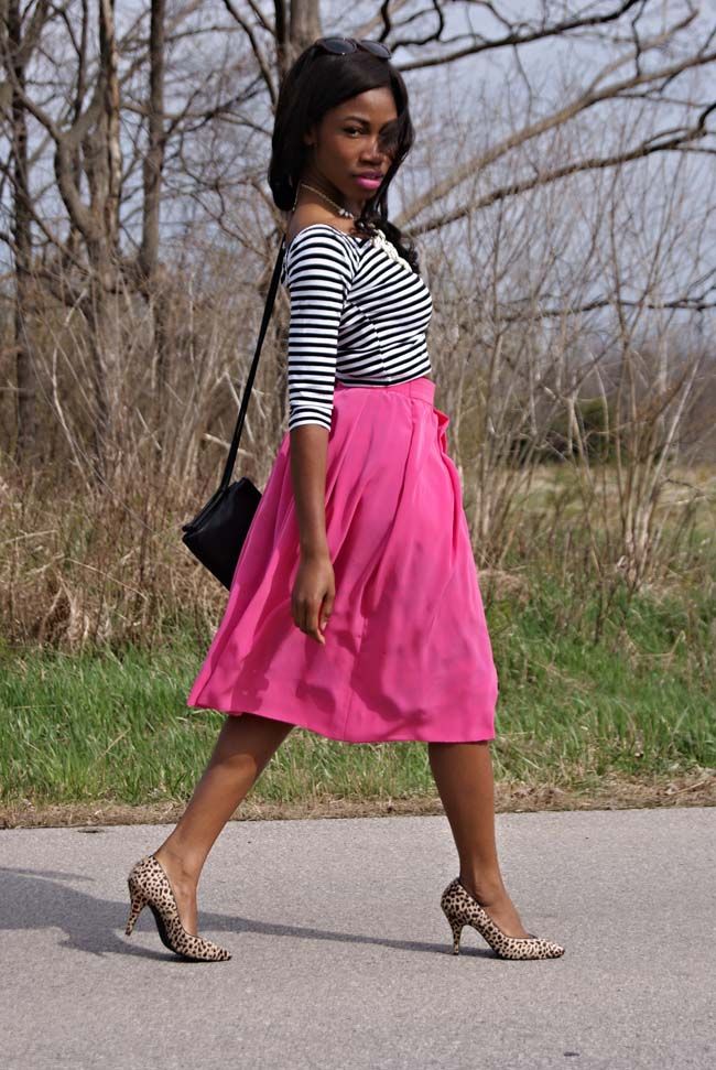 Pink full skirt, stripes, leopard print