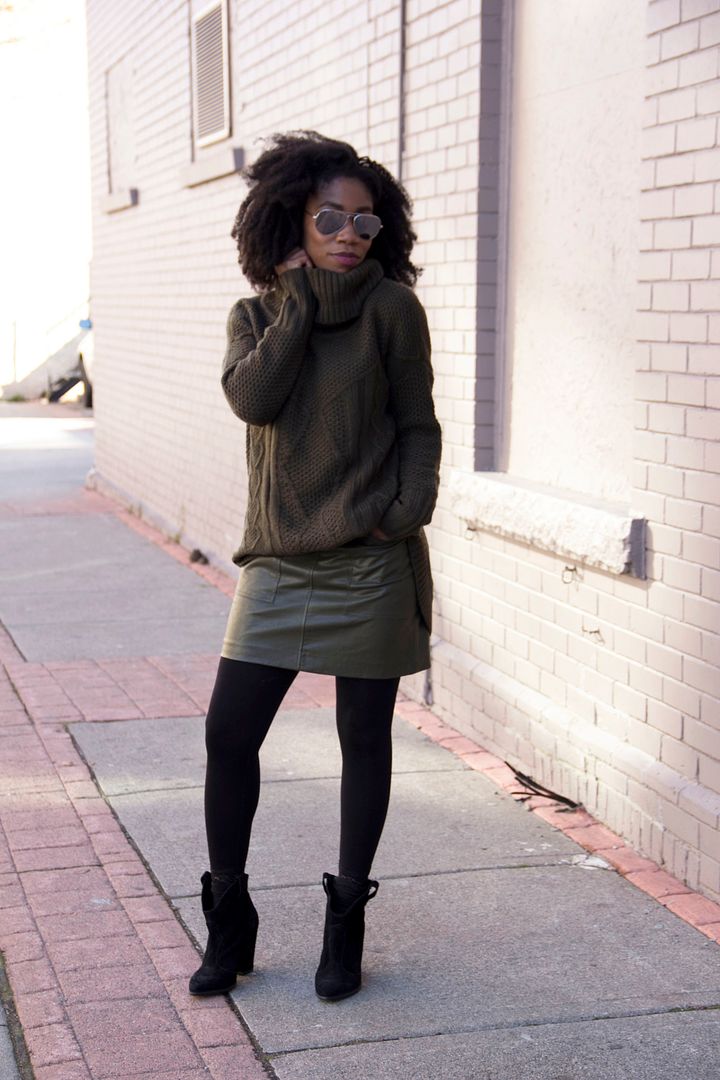 Army Green Chunky Sweater, Faux Leather Skirt, Zara boots, Toronto style blogger