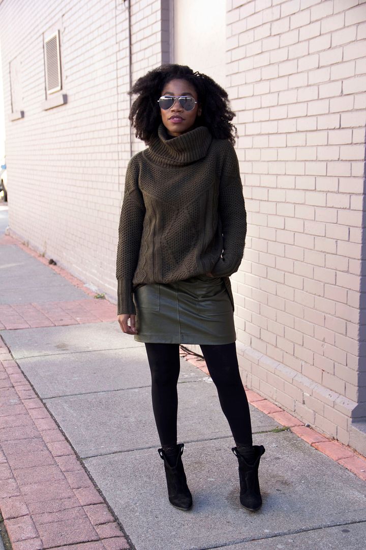 Army Green Chunky Sweater, Faux Leather Skirt, Zara boots, Toronto style blogger