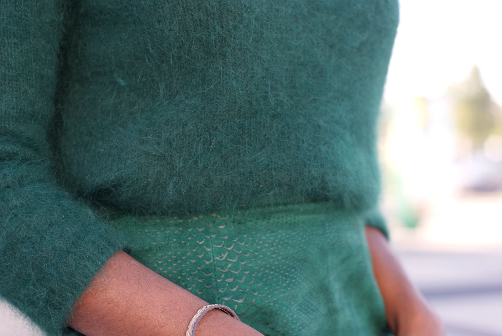 Monochromatic with Forest green, black blogger, green pencil skirt