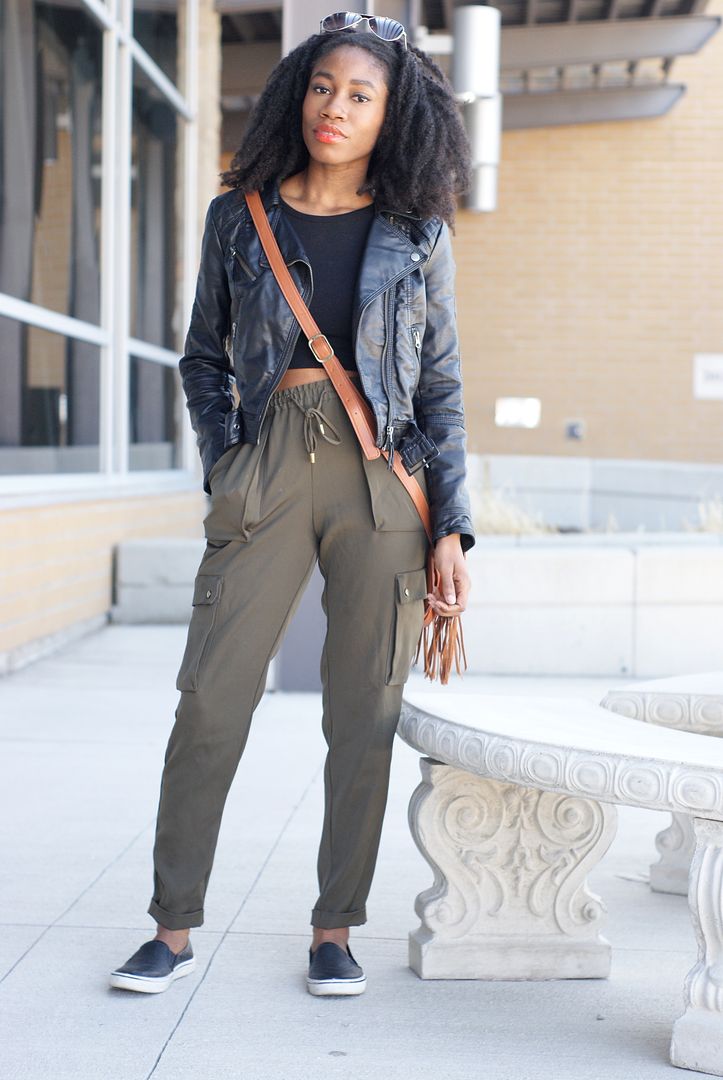 Jogger Pants, Cargos, Fringe handbag, Faux leather Jacket H&M, thrift blogger, Toronto blogger