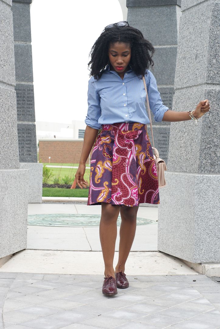 Ajepomaa Patterned Skirt via Kuwala, stripe dress shirt, african print, Toronto blogger, african style blogger