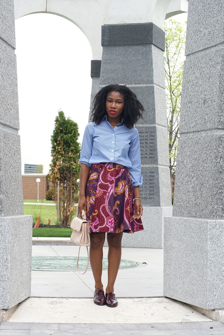 Ajepomaa Patterned Skirt via Kuwala, stripe dress shirt, african print, Toronto blogger, african style blogger