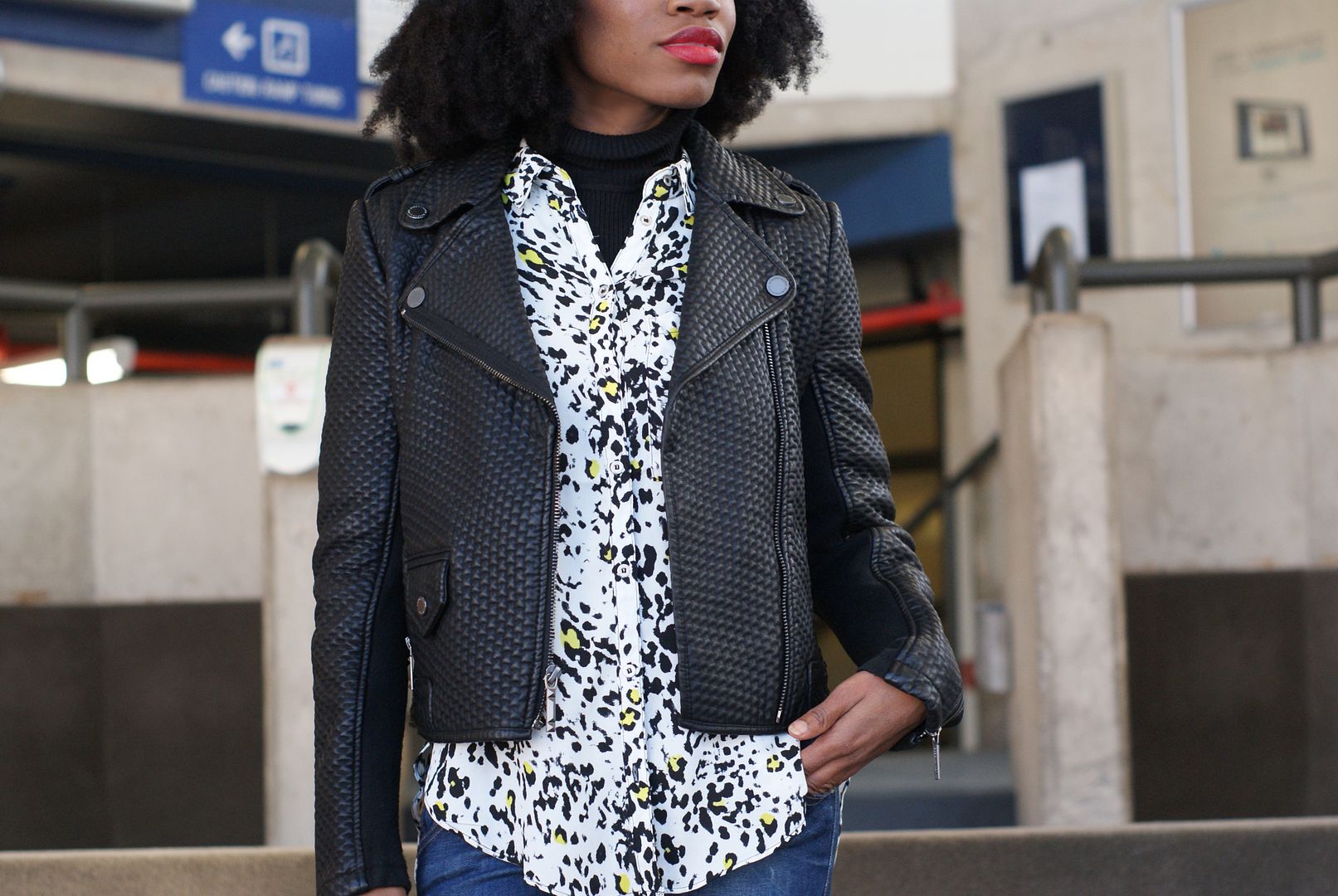 Faux leather jacket, animal print, natural hair 