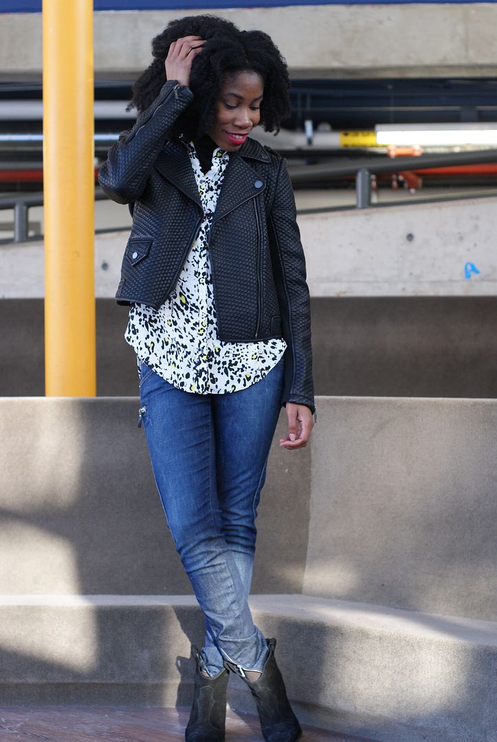 Faux leather jacket, animal print, natural hair