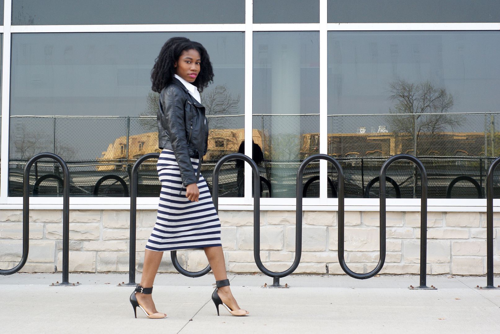Horizontal stripe skirt, H&M faux leather jacket, Toronto Blogger, Aldo Heels
