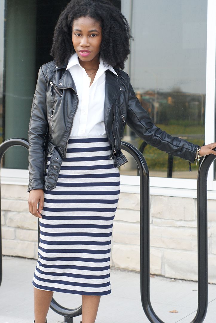 Horizontal stripe skirt, H&M faux leather jacket, Toronto Blogger, Aldo Heels