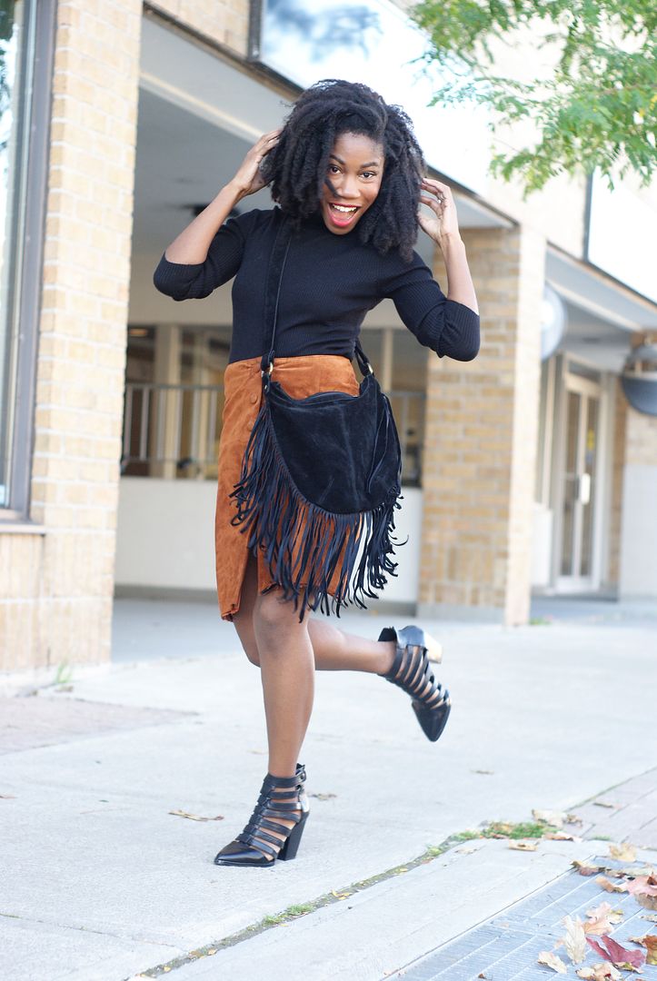 Suede Brown Skirt, Black Style blogger, Toronto, fringe bag