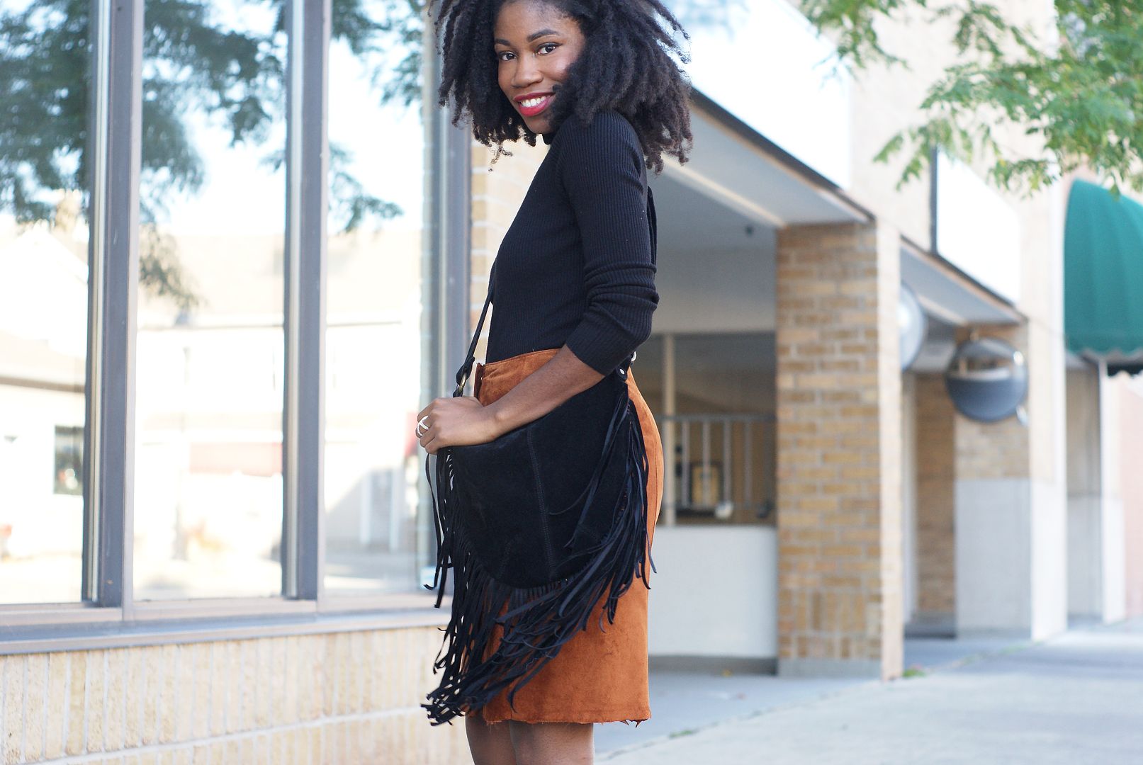 Suede Brown Skirt, Black Style blogger, Toronto, fringe bag