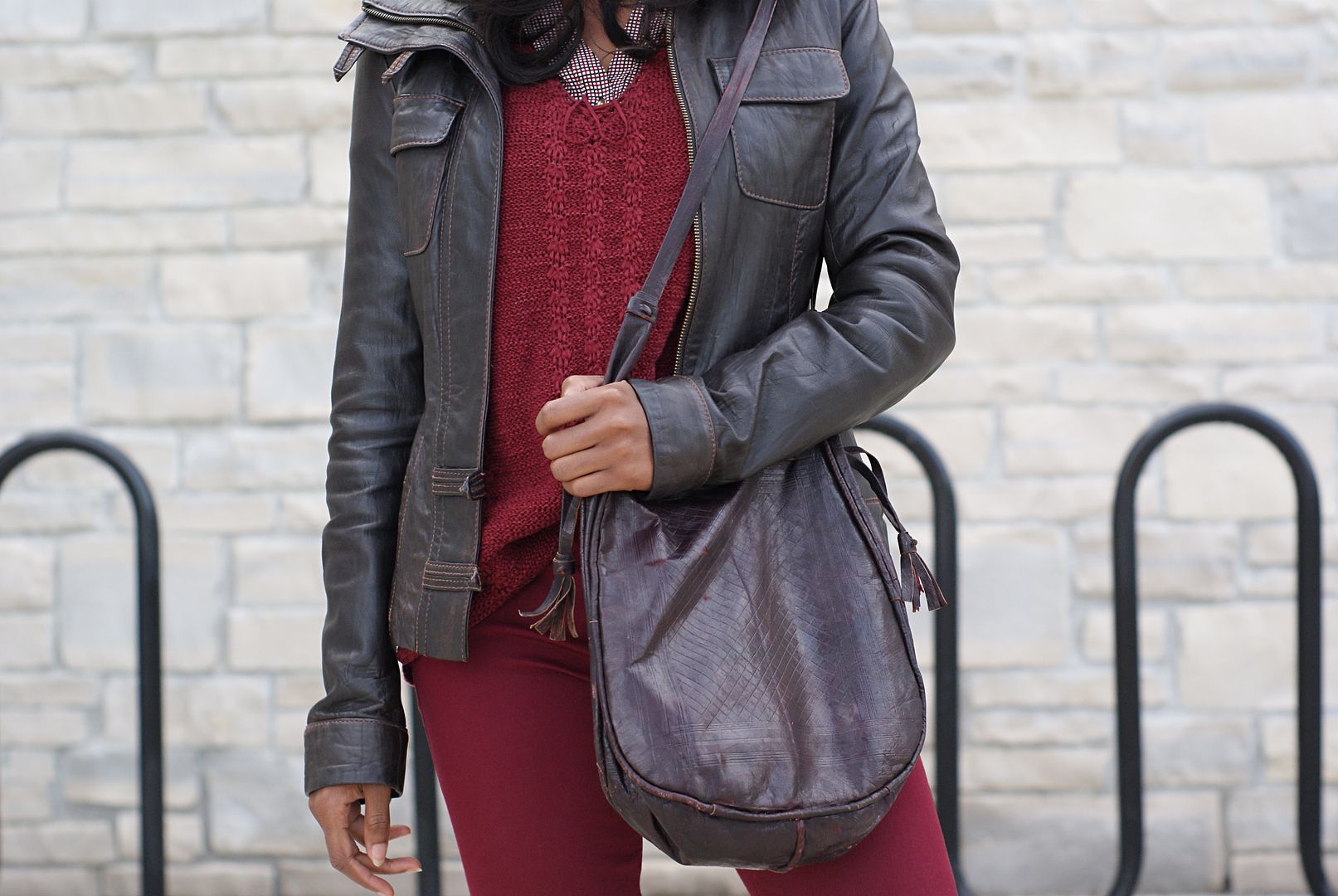 monochromatic look in burgundy, autumn fashion, toronto blogger, black blogger, Danier leather, Thrift