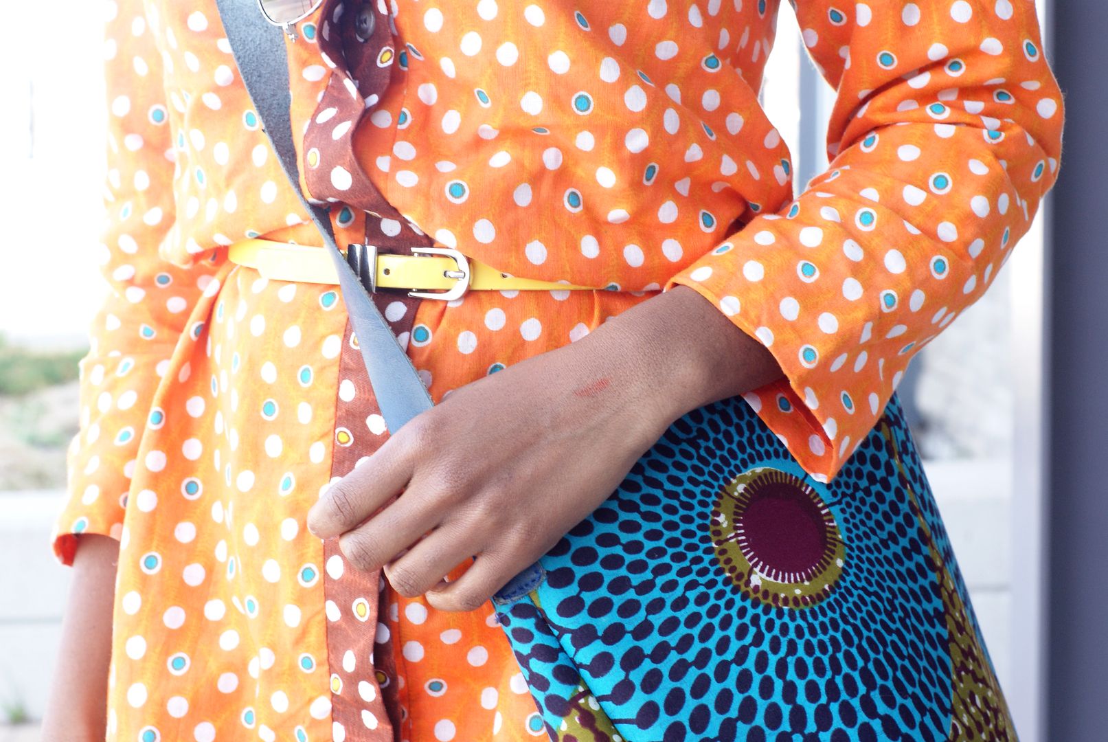 Patterned shirt dress, kwesiya fashion brand, Anansi handbags, African prints