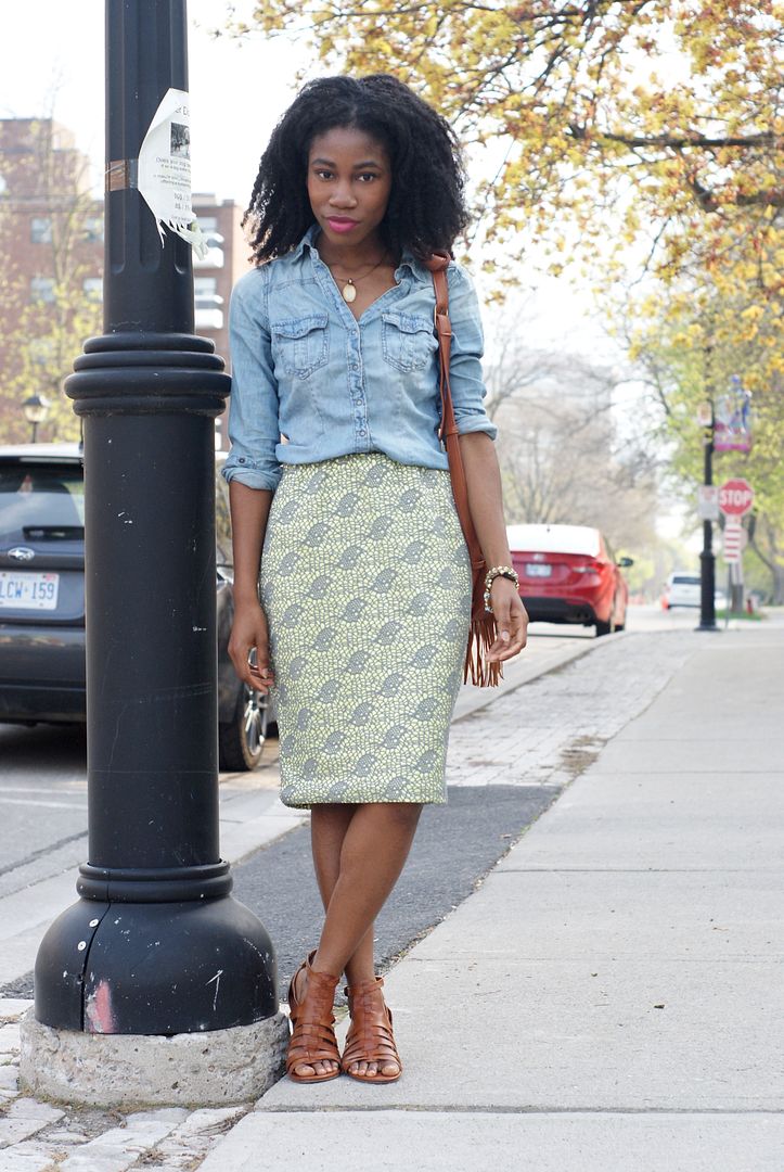 patterned neon skirt, chambray shirt, Fringe bag, Toronto Style blogger