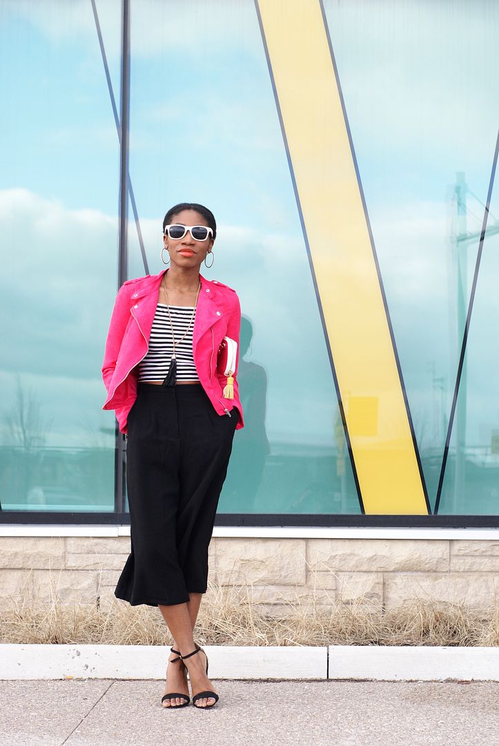 Monochrome look, Black Culottes, Fuschia MotoJacket, Toronto Street Style, African Style Blogger