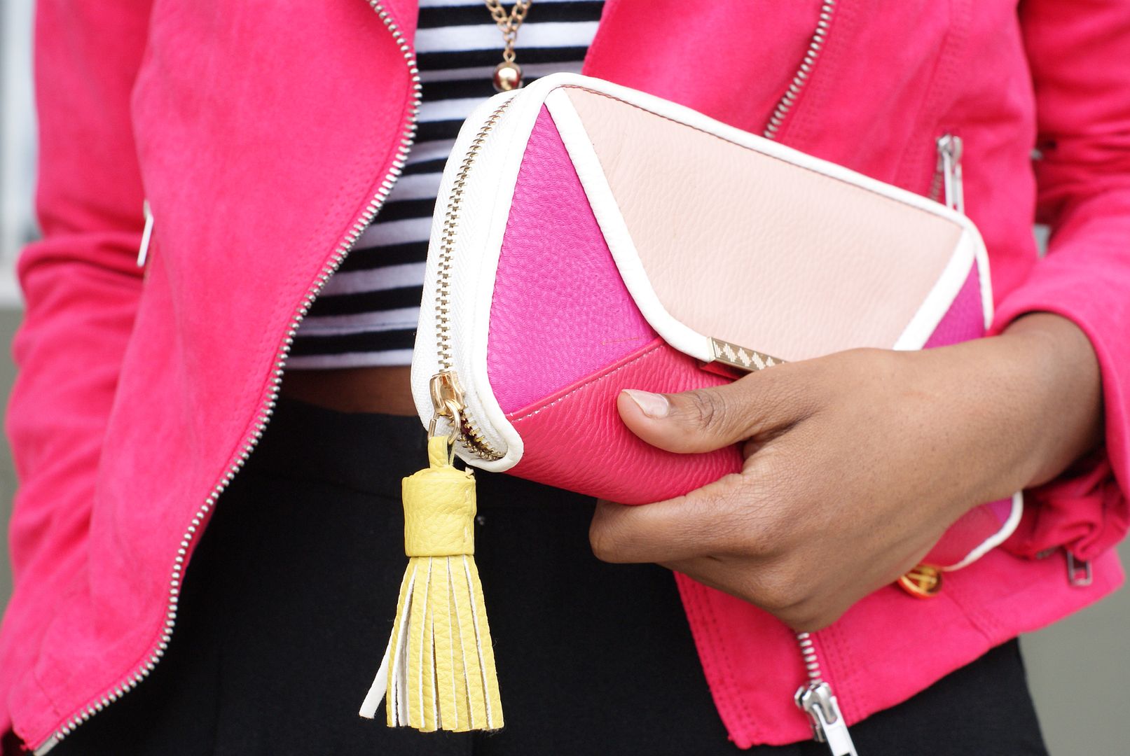 Monochrome look, Black Culottes, Fuschia MotoJacket, Toronto Street Style, African Style Blogger, Pink Clutch