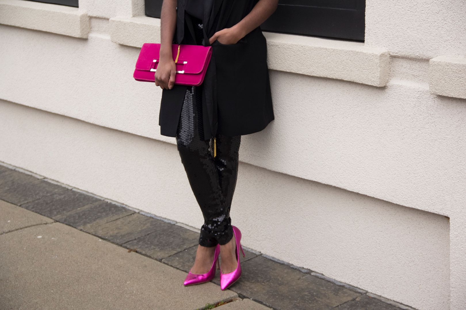 Black sequin leggings, Monochrome black, Material Girl heels