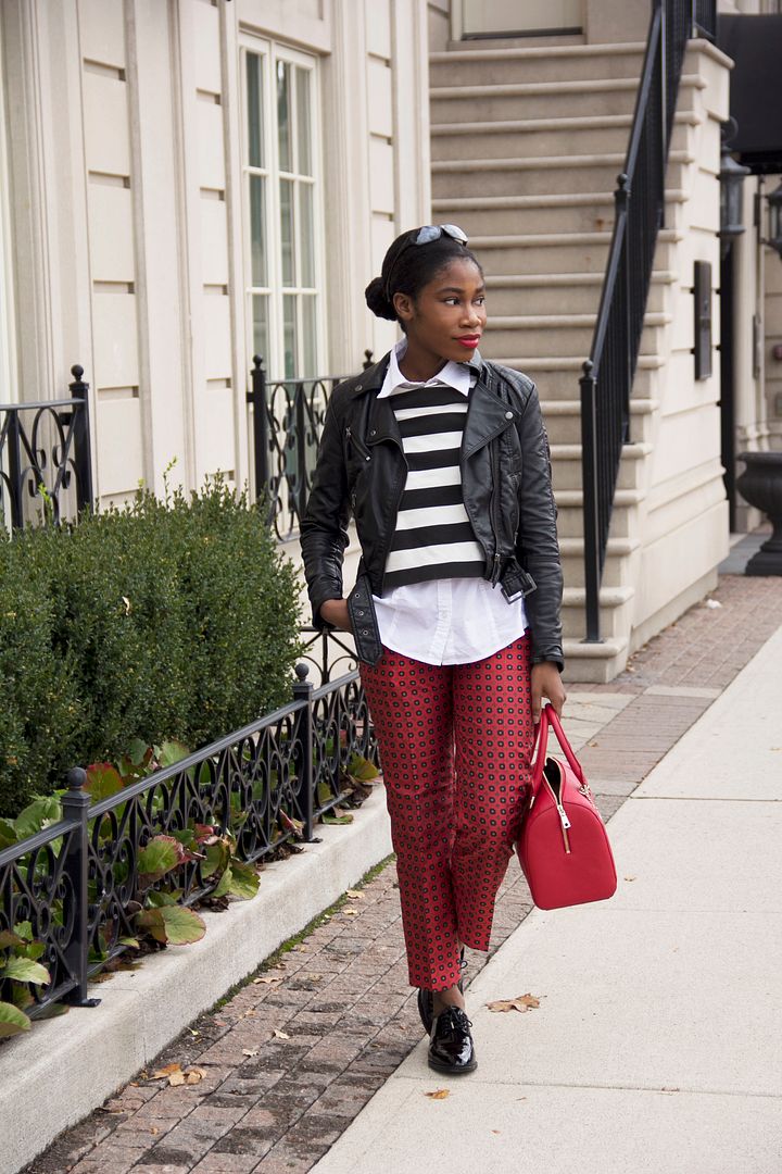 Patterned Red trousers, Striped shirt, Toronto Style blogger, Black Fashion Blogger