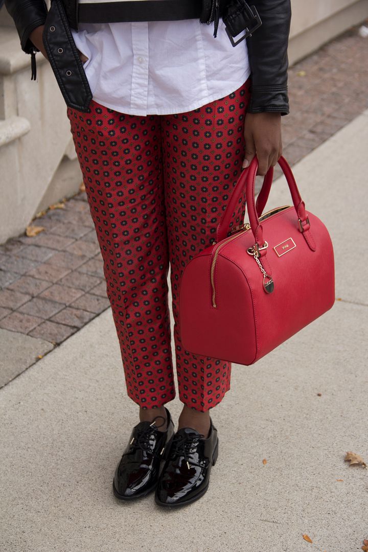 Patterned Red trousers, Striped shirt, Toronto Style blogger, Black Fashion Blogger