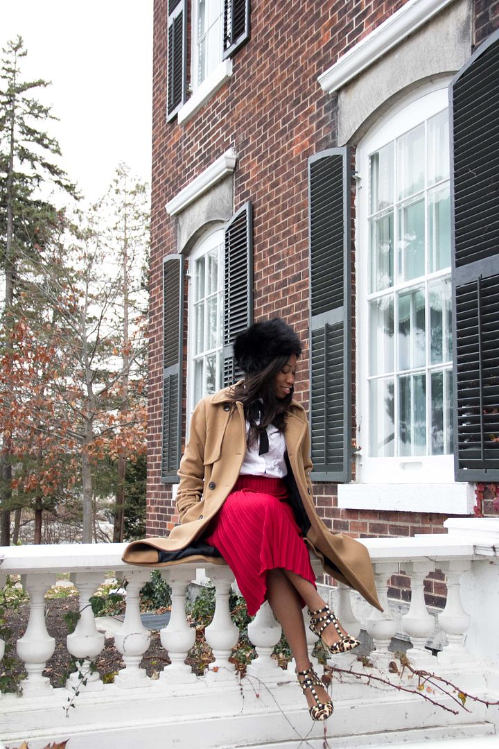 Red Pleated Skirt, Camal Wool Jacket, Toronto Blogger 
