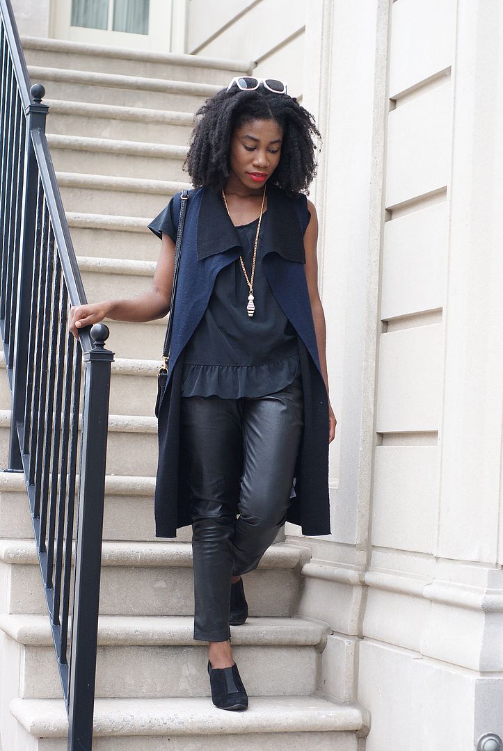 The navy blue knit vest, Faux leather pants, toronto blogger, Thrifter
