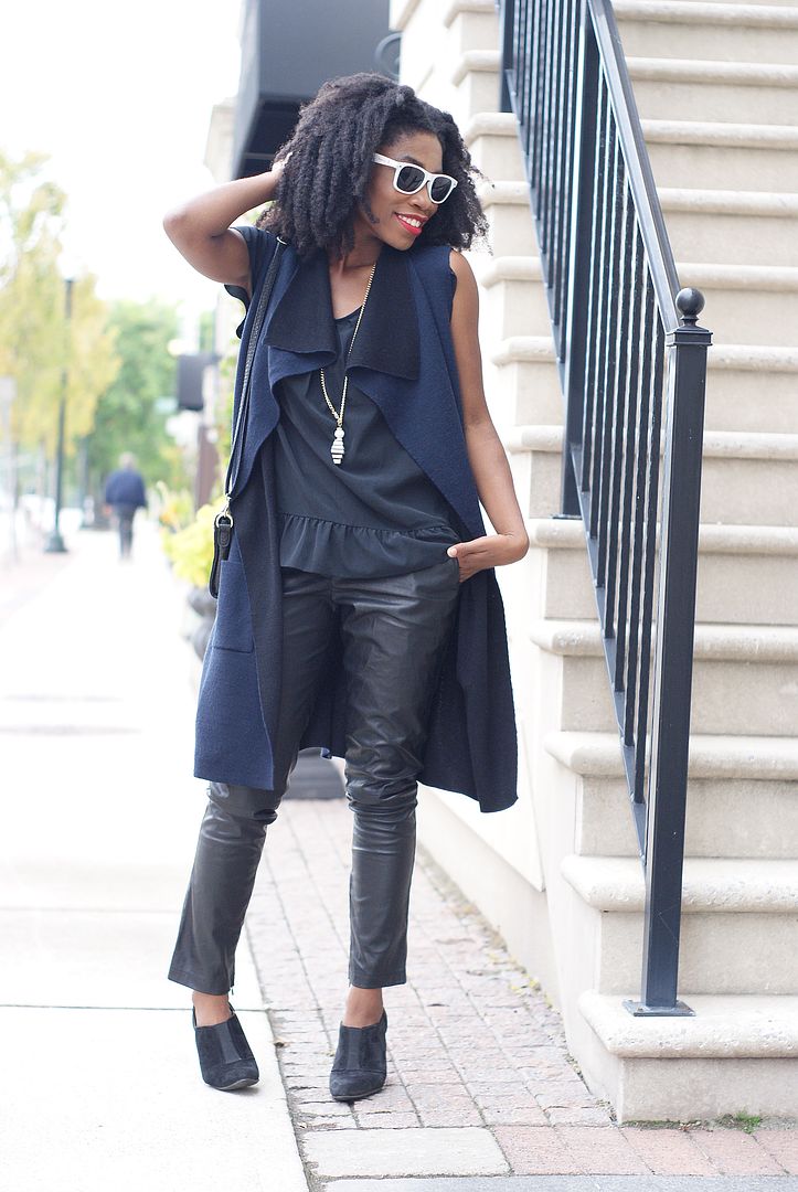 The navy blue knit vest, Faux leather pants, toronto blogger, Thrifter