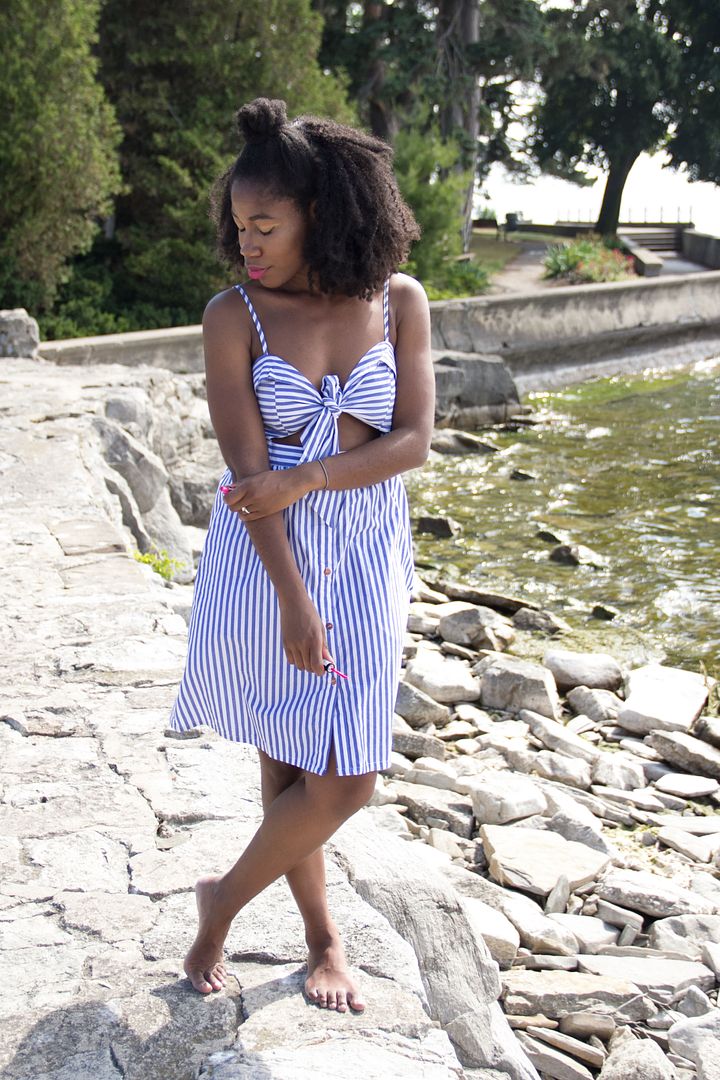 Shein Blue Striped Sleeveless Bow Hollow Buttons Dress, Toronto blogger