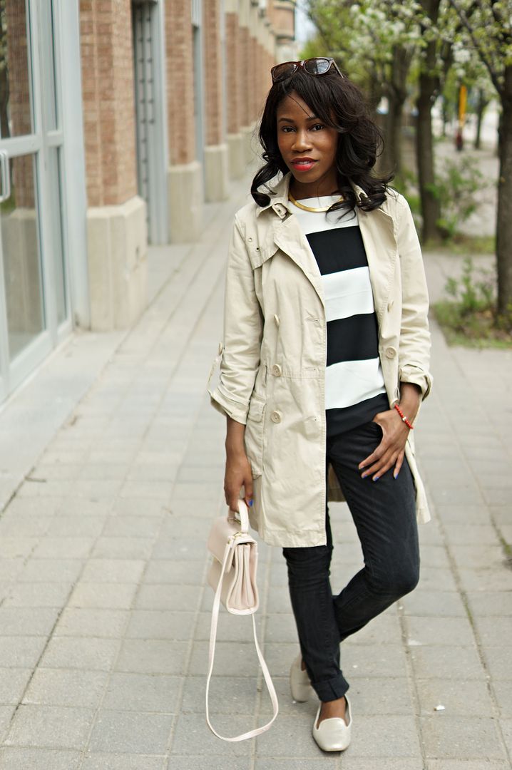 Trench coat, black and white stripes 