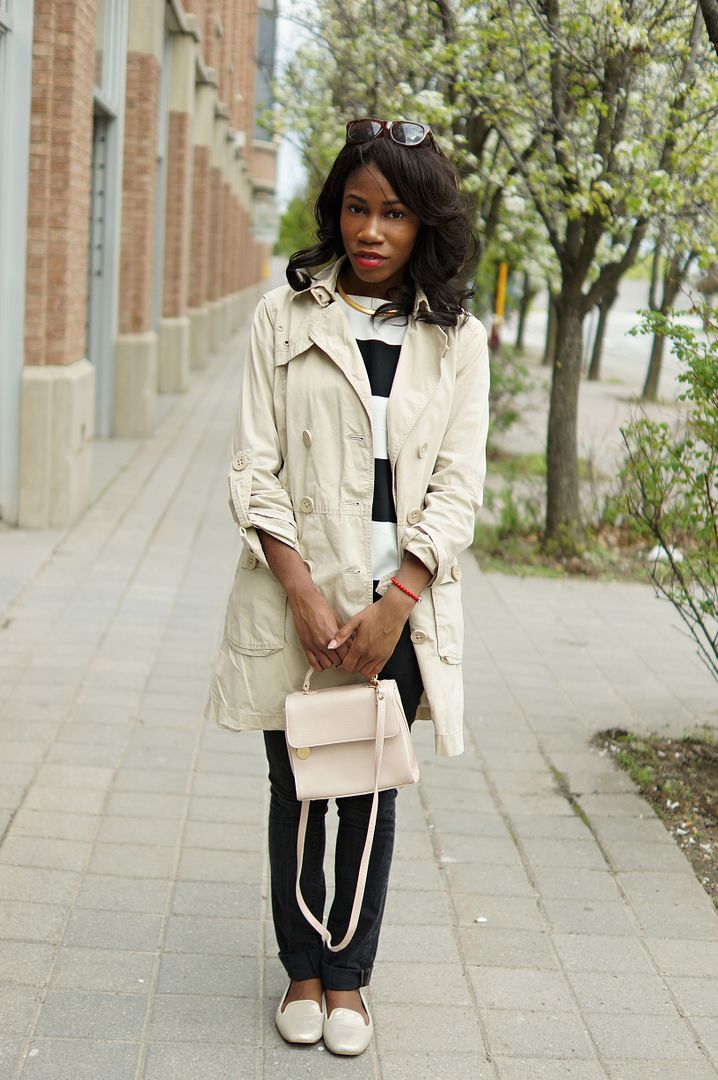 Trench coat, black and white stripes 
