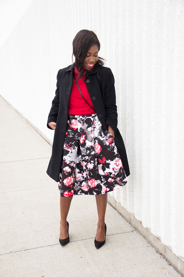 Valentine's Day Red Turtle Neck and Floral Print Skirt, Toronto blogger