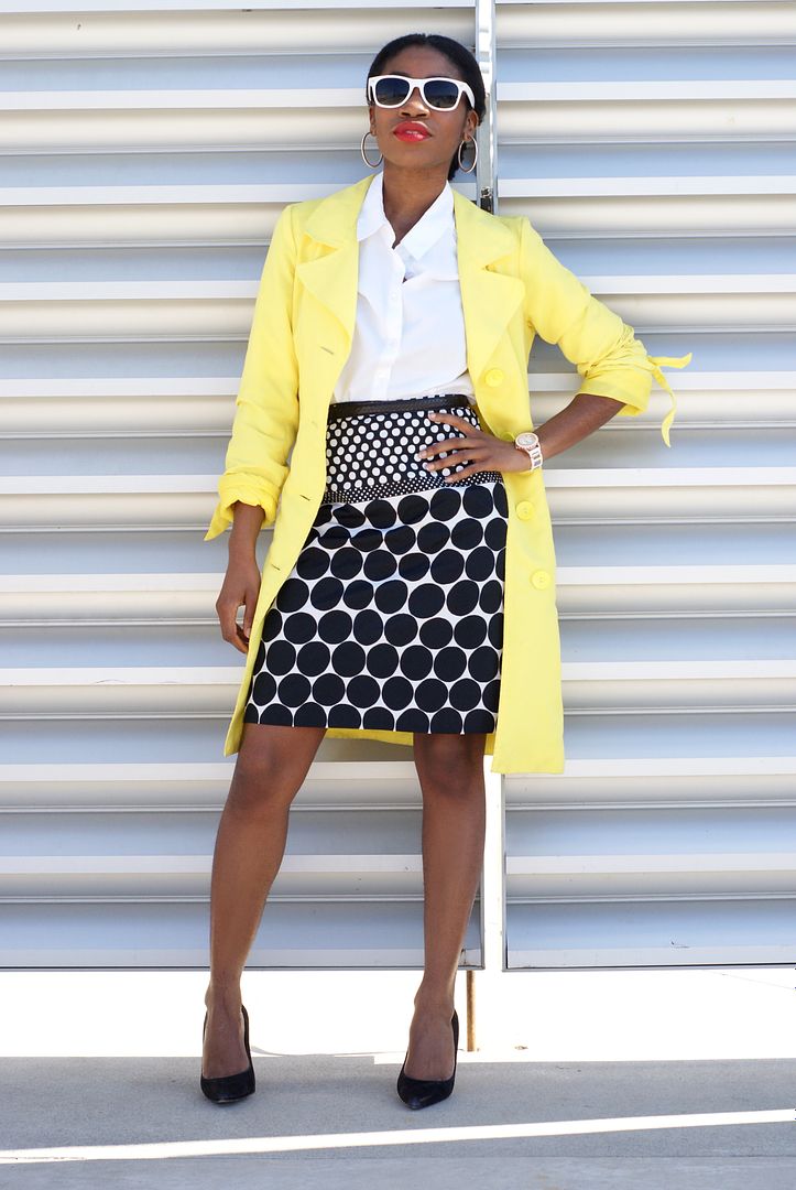 Yellow Trench Coat, Polka dot skirt, business causal outfit, White frame sunglasses